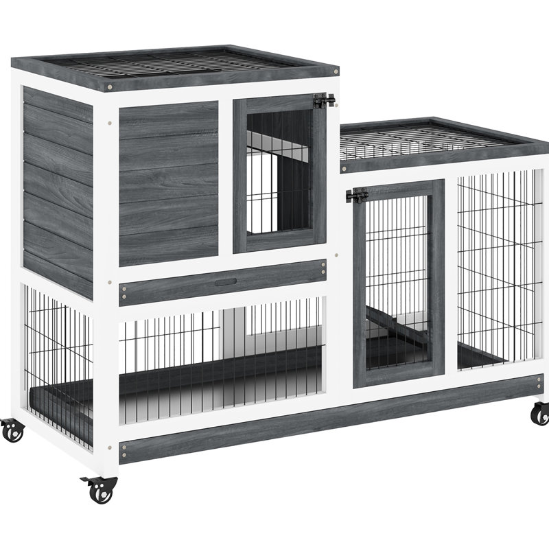 Cage en bois massif avec roues et fourrage amovible, petit paravent gris pour animaux de compagnie