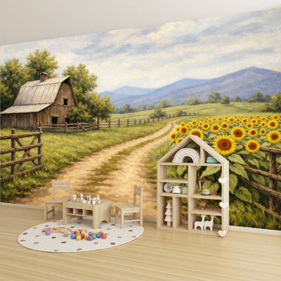 Papier peint adhésif pelez et collez Rustic Farmhouse Primitive Vintage Landscape Nature Country Wildflower Wall Murals