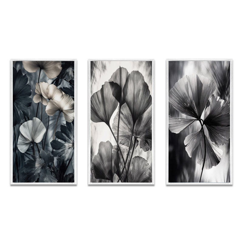Ensemble de 3 feuilles de ginkgo tropical, Cadre flottant blanc, H 32 po x l 48 po