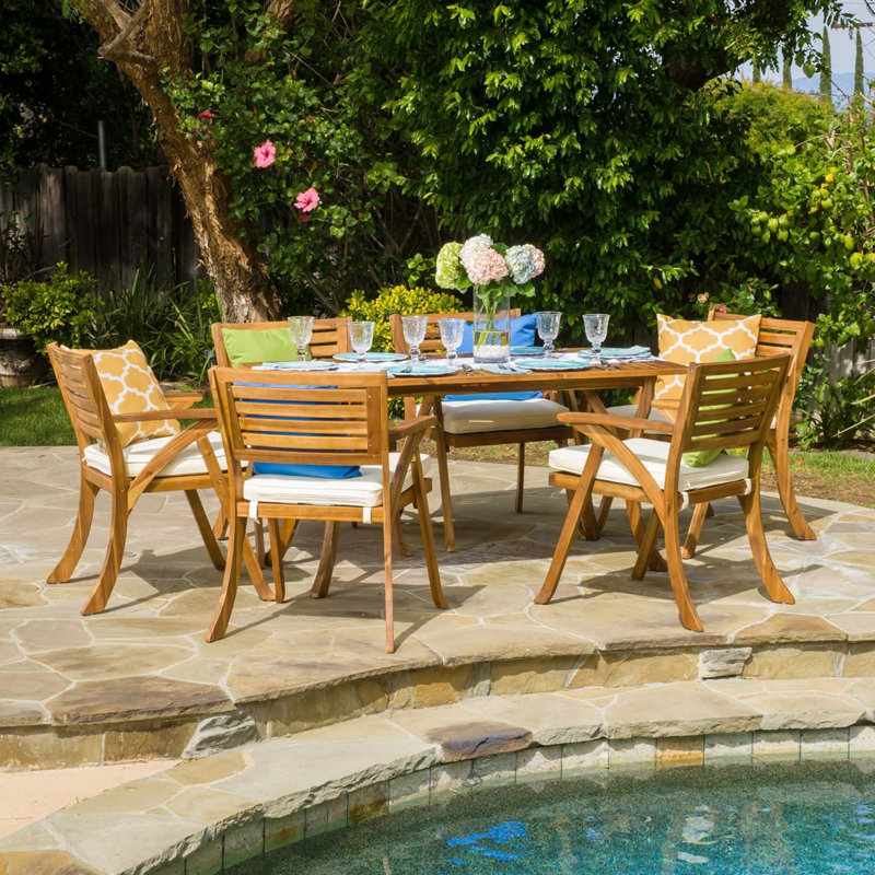 Ensemble repas d'extérieur en bois 7 pièces avec coussins Hermosa