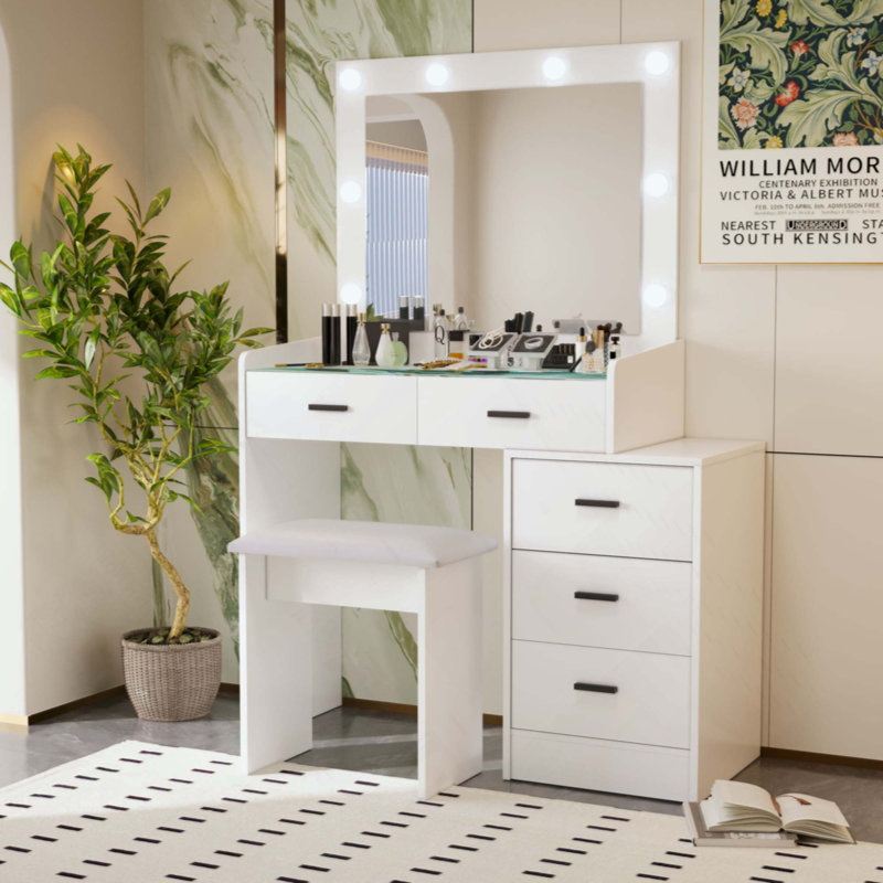 Coiffeuse réglable avec 5 tiroirs, lumières DEL et miroir coulissant pour ranger le maquillage