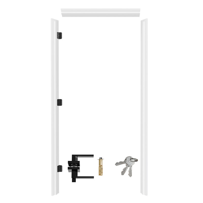 36" x 80" Left Hand White MDF Door Frame with Black Hinges and Lever Handle