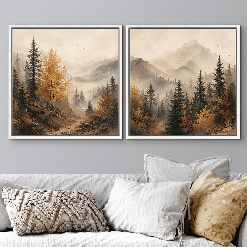 Misty Mountain Pine Forest with Warm Autumn Trees and Rustic Nature, ensemble de 2 reproductions d'art encadrées