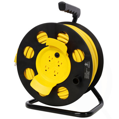 100FT Length Cable Heavy Duty Retractable Extension Cord Reel,12AWG,12A, with 4pcs Outlets and Dust Cover,Portable Handle and Safety Overload Circuit Breaker, UL certificate