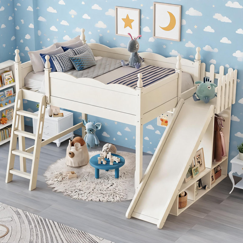 Lit mezzanine double pour enfant avec tablettes de rangement, garde-robe et glissade amovible, lin en bois massif beige