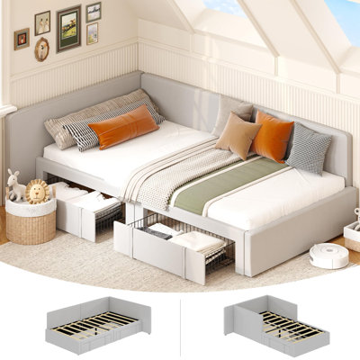 Soft Fabric Upholstered Twin Corner Daybed with Storage Drawers - Extended Headboard, Bed Rails & Guardrail