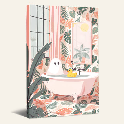 Art mural sur toile avec fantôme blanc dans une baignoire rose avec feuilles tropicales