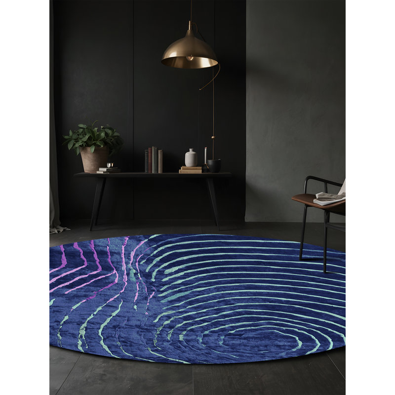 Tapis bleu soyeux et moelleux, Rond 4 pi