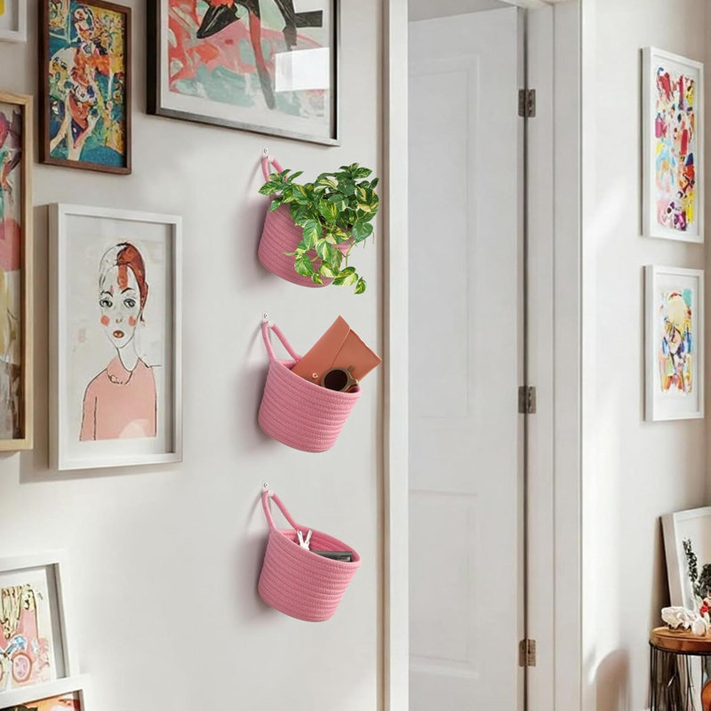 Ensemble de 3 paniers suspendus en tissu avec pochettes tissées de style bohémien avec crochets adhésifs, Rose