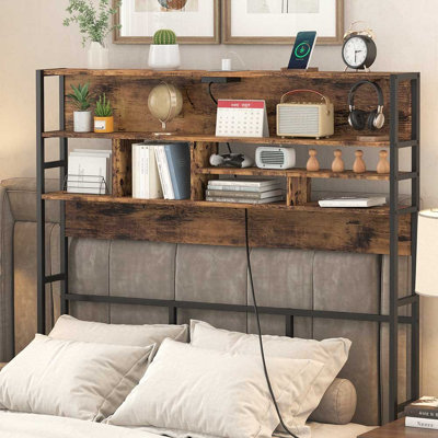 Tête de lit en métal rustique pour lit Queen avec tablette de chargement, tête de lit queen avec 3 compartiments de rangement et port USB pour chambre à coucher