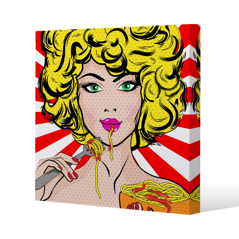 Pop Art Young woman Eating Spaghetti Slim Style Canvas Print , 15mm Slim Real wood., 20 cm H x 20 cm W