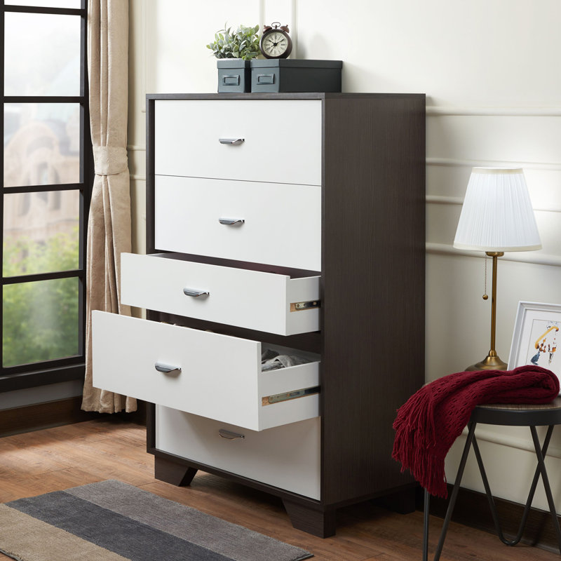 Commode 5 tiroirs blanche et espresso