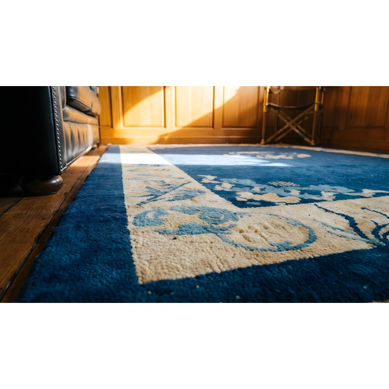 Solid Open Blue Color Field Antique Chinese Floral Medallion Pattern Peking Rug