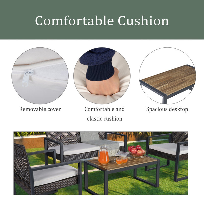 4-Piece Patio Furniture Set Outdoor Balcony Porch Garden Backyard Lawn Furniture Acacia Wood Table Top, Beige, Brown