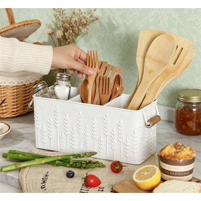Silverware Caddy Metal White Ear of Wheat Pattern Cutlery Organizer 3 Compartments for Utensils