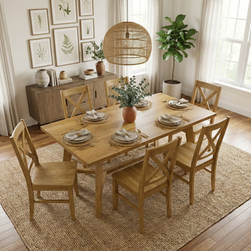 Oaklyn Modern Rectangular Dining Table Set, 7 Pieces: Table, 6 Chairs, Light Yellow Wood