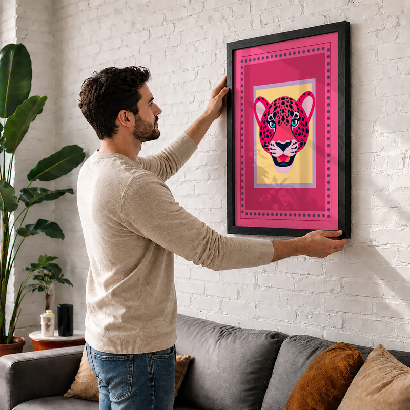Pink Leopard Portrait Modern - Framed Print, A4 - 29.7 x 21.0 cm, Walnut