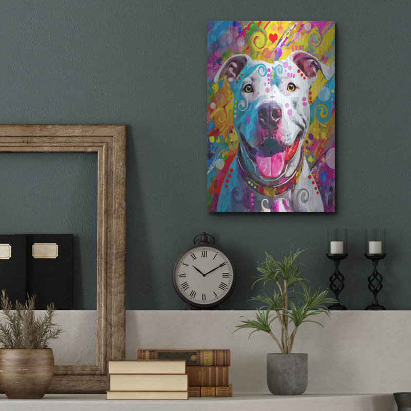  «Colorful White Pittie» par Dean Russo, art mural en métal, 12 po x 16 po, H 16 po x l 12 po