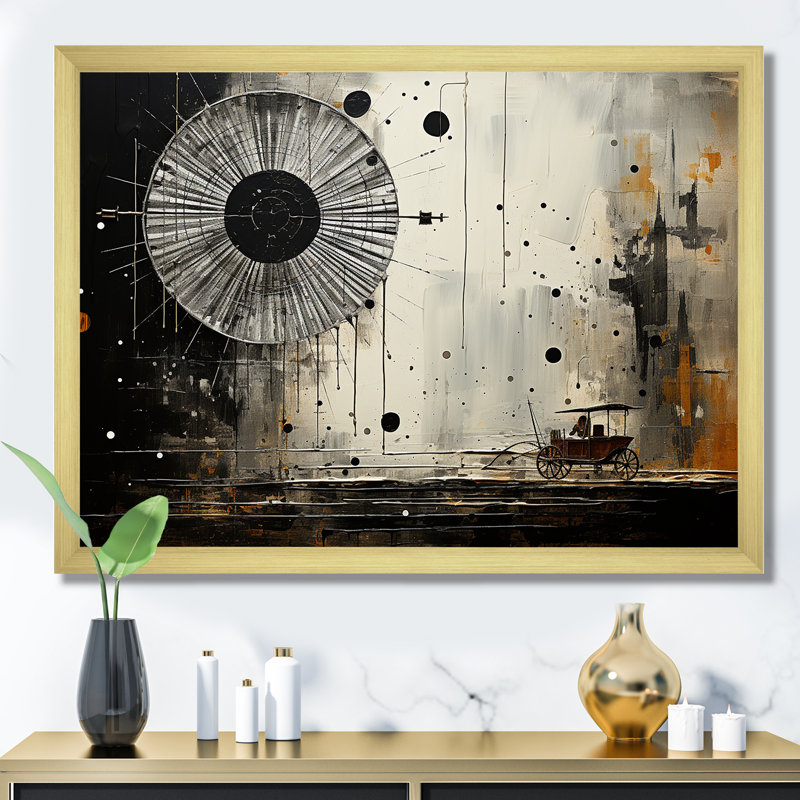 Chariot abstrait et paysage en spirale sur toile, Cadre doré simple, H 30 po x l 40 po x P 1,5 po