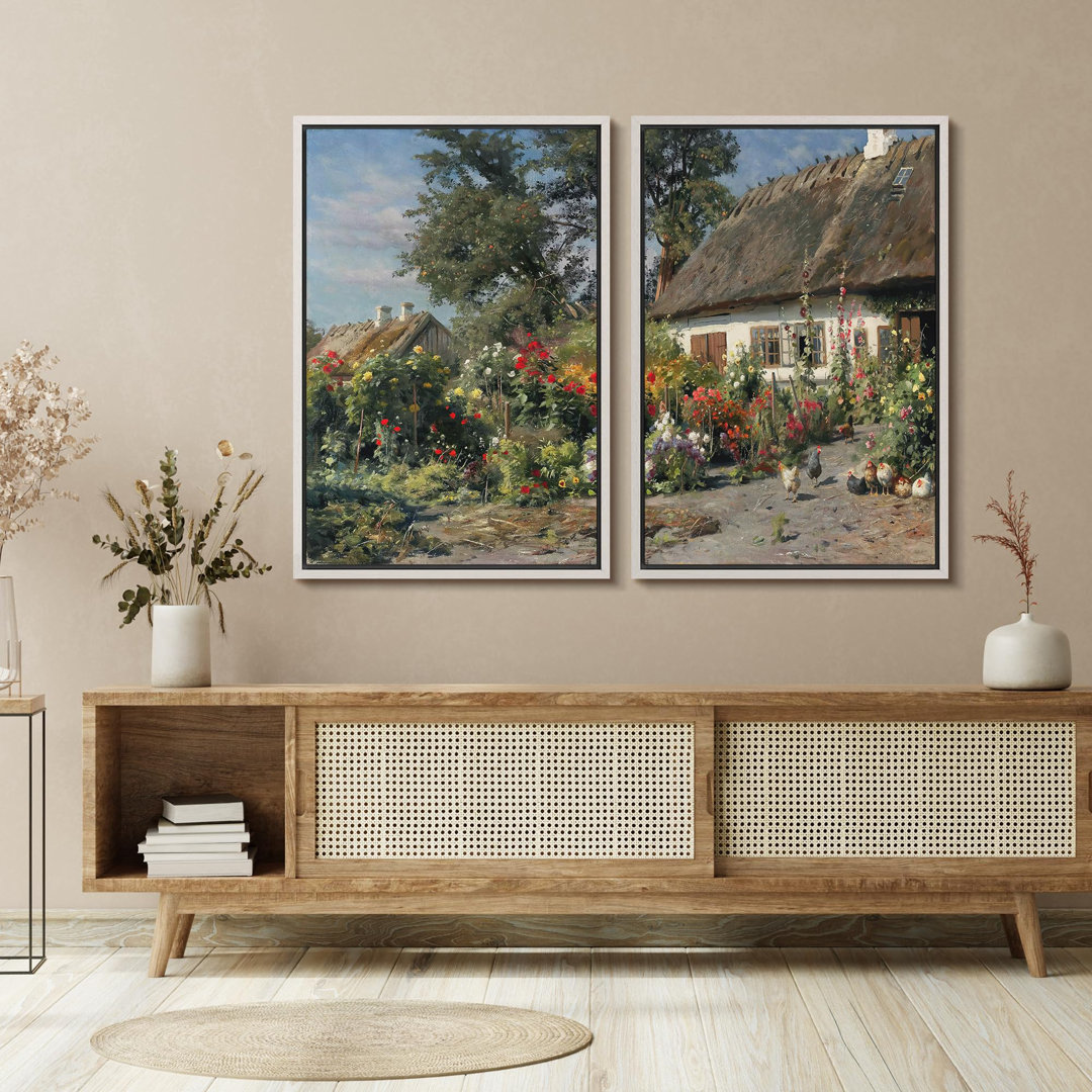 Rustic Countryside " Rustic Charm Thatched Cottage And Blossoming Garden " 2 - Pieces (Set of 2) IDEA4WALL Frame 