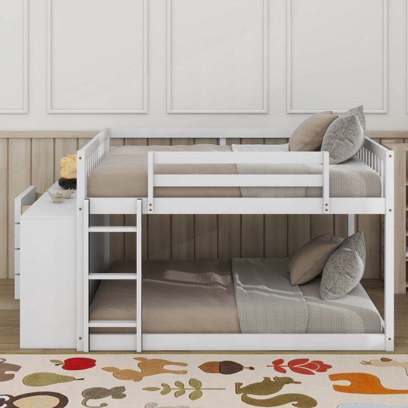 Lit superposé double au-dessus de double avec tiroirs et tablettes, Blanc
