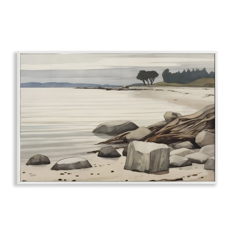 Beach Rock View Giclee Art by Petal Prints Design, Coastal White Framed Giclee, 16" H x 24" W