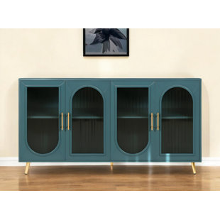60" Teal Blue Ribbed Texture Sideboard with Four Doors