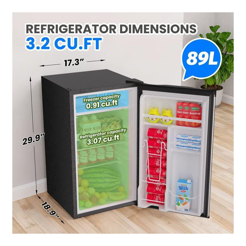 Compact Refrigerator Mini Fridge, 3.2 Cu. Ft., Energy-Efficient & Quiet, Adjustable Shelves, Silver