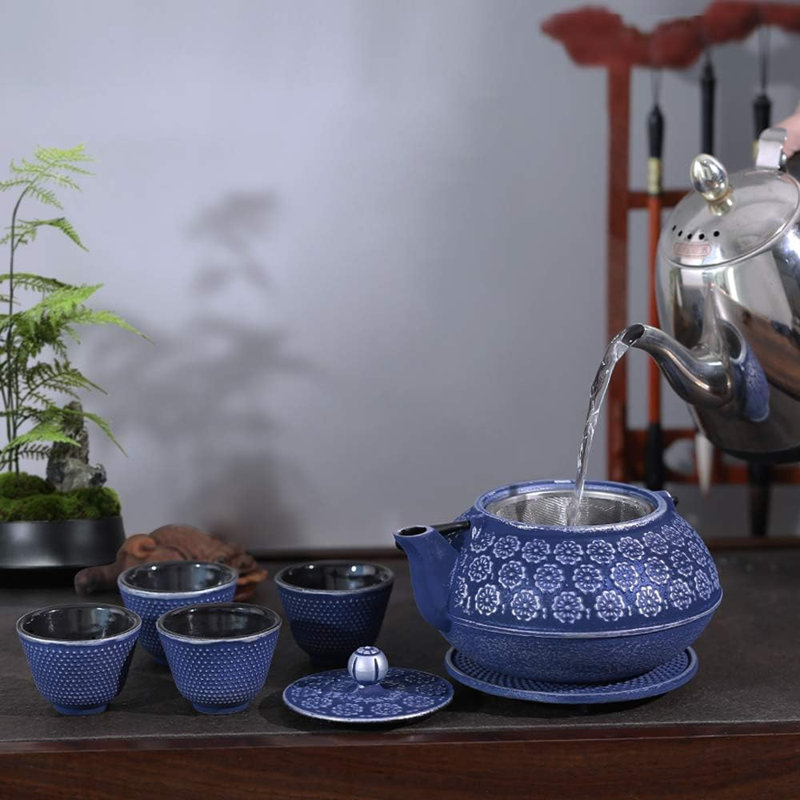 Blue floral cast iron teapot set