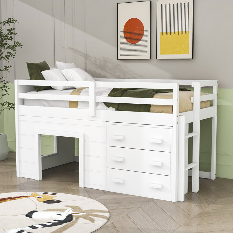 Lit mezzanine simple en bois avec tiroirs, Blanc