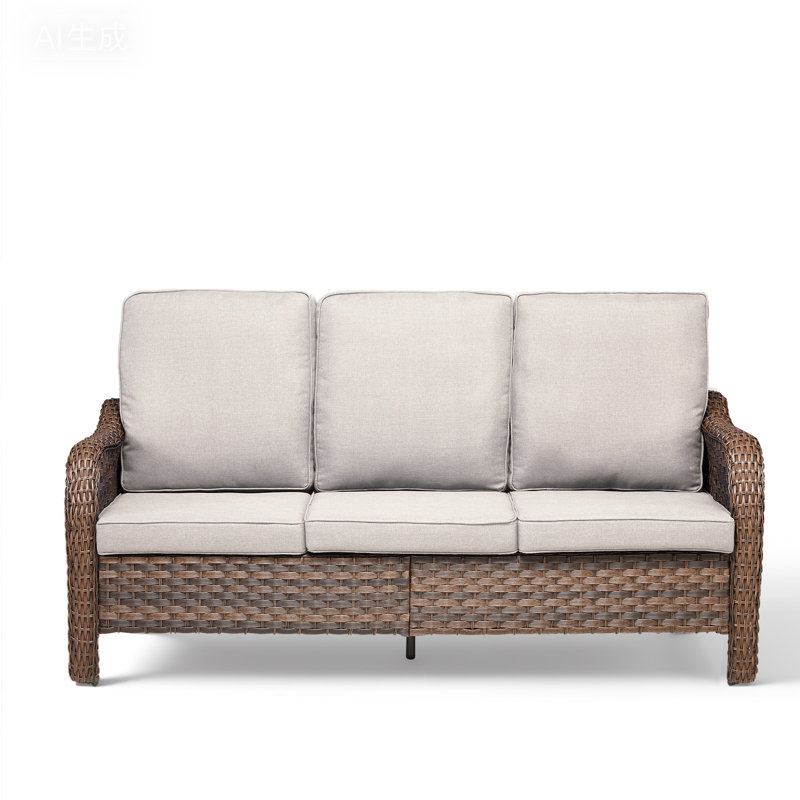 Arley Outdoor Wicker Curved Arms Patio Sofa With Cushions, Beige