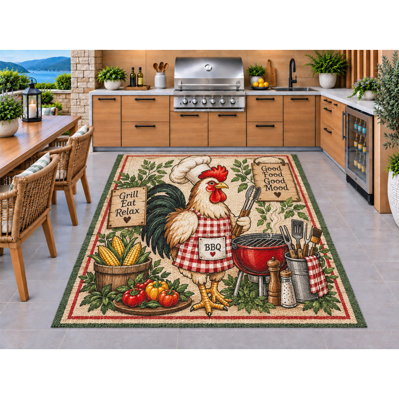 Tapis d'extérieur 152 x 213 cm (5' x 7') style ferme, motif coq, chef, barbecue, maïs et poivrons, jardin. Tapis épais, imperméable, en PVC bouclé, séchage rapide, idéal pour l'intérieur et l'extérieur (cuisine, porche, terrasse, entrée).