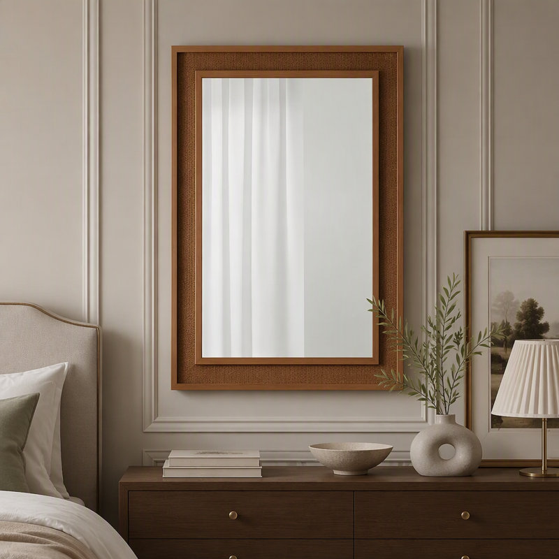 Miroir décoratif en rotin, miroir rectangulaire encadré de bois, miroir mural en verre trempé haute définition pour salle de bain, entrée ou salon de style campagnard