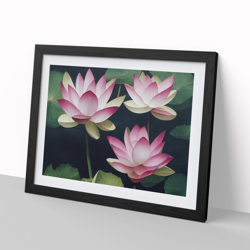 Lotus Flowers In Watercolour - Single Picture Frame Print, Black, 46cm H x 64cm W