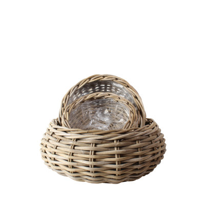 Set Of 3 Rattan Round Flower Baskets With Plastic Liner