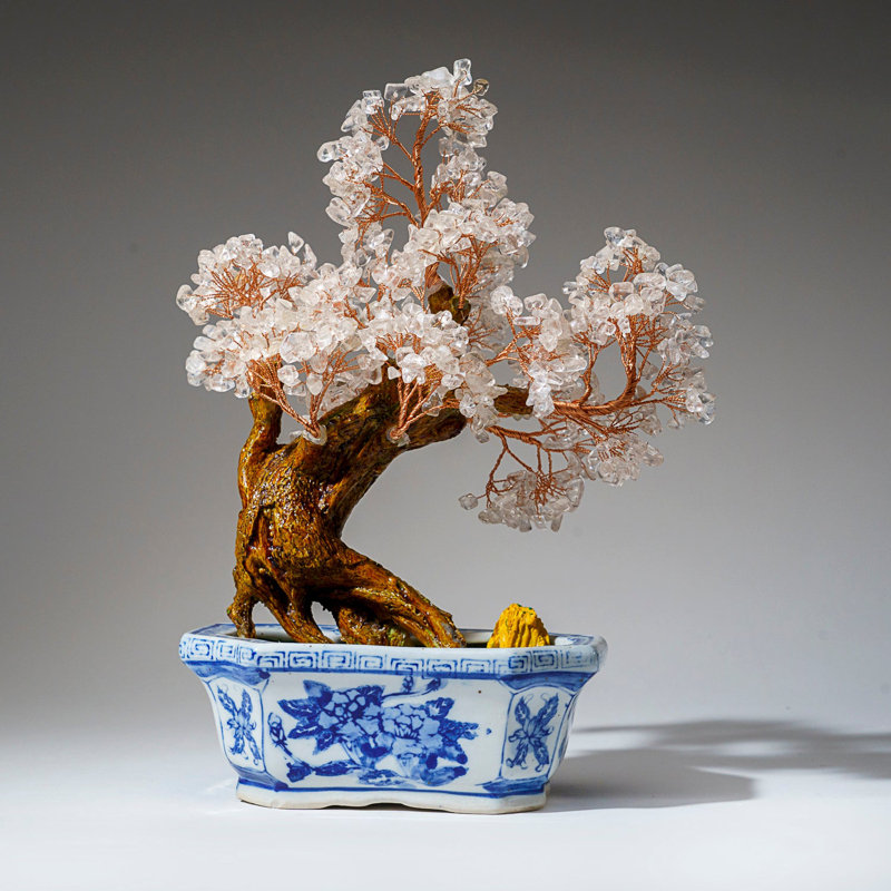 Genuine Quartz Gemstone Bonsai Tree In Square Ceramic Pot (11€ Tall)