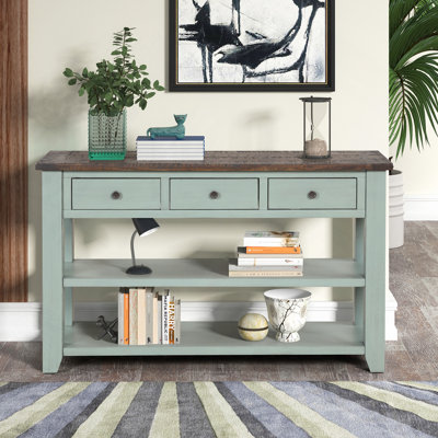 48" Solid Pine Wood Top Console Table, Modern Entryway Sofa Side Table With 3 Storage Drawers And 2 Shelves. Easy To Assemble
