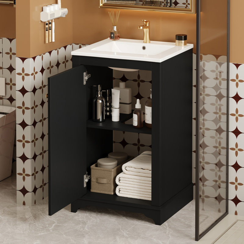 Ensemble de meuble-lavabo sur pied 20 po avec lavabo en céramique, ensemble de meuble-lavabo simple autoportant avec porte à fermeture douce, tablette réglable, style moderne, noir.