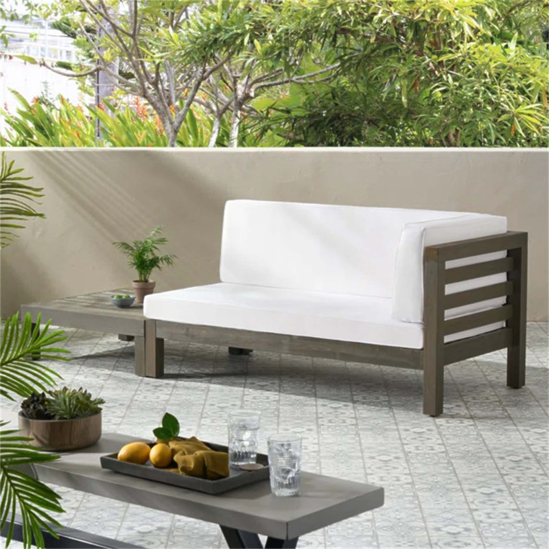 OANA Right Corner Bench And Coffee Table Set, Modern Acacia Wood Outdoor Furniture With Water-Resistant Cushions