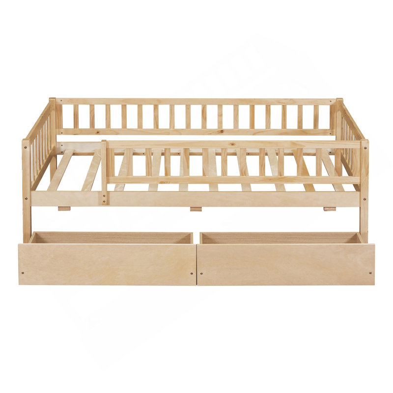 Lit de jour simple en bois avec deux tiroirs, naturel, Naturel, Lit simple
