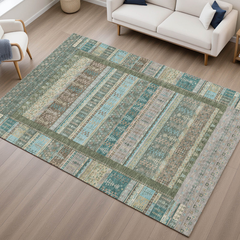 Premium Machine Washable Mayfield AMF2160 Striped Rug, Aloe, Rectangle 5' x 7'6"