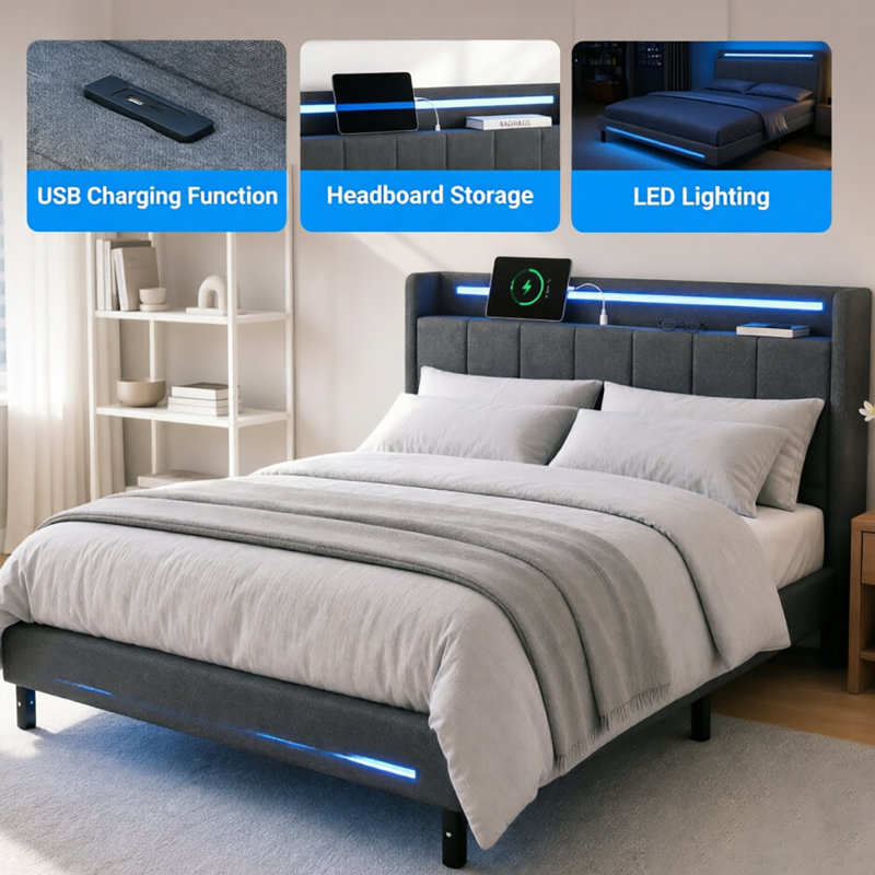 Upholstered Platform Bed Frame with Charging Station & LED Lights, Modern Platform Bed with Upholstered Storage Headboard, No Box Spring Needed Noise Free