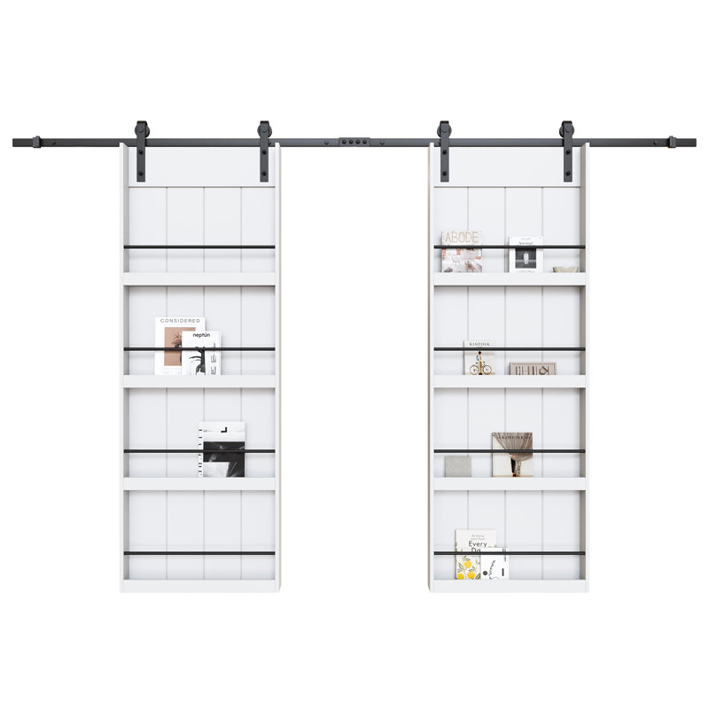 Four Shelf Double Primed Sliding Barn Door With Mounting Hardware Kit（Bookshelf Style）, 60" x 84"