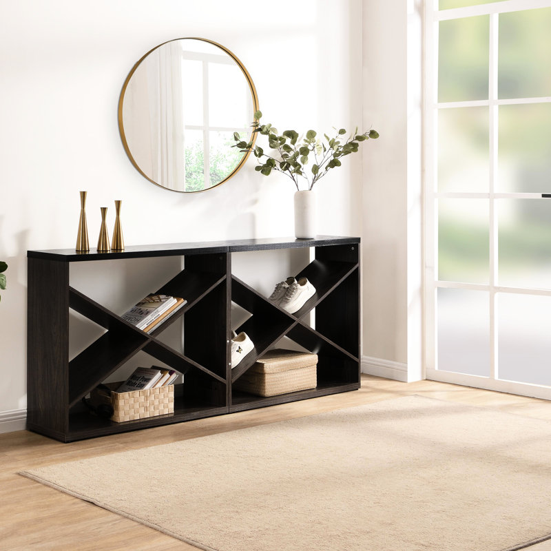 Console 70,04 po avec rangement, rectangulaire noire, forme en X détachable pour le vestibule, le salon, le couloir