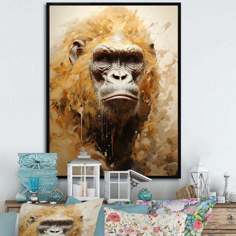 Portrait de gorille beige I sur toile, Cadre flottant noir, H 32 po x l 16 po x P 1 po