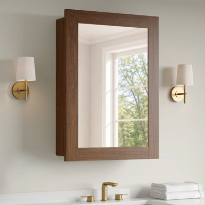 24'' W x 30'' H  Wood Framed Bathroom Medicine Cabinet with Mirror, Adjustable Shelves, Reversible Door, Wall-Mount or Recessed, Walnut, Fully Assembled