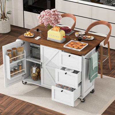 Îlot de cuisine de 54,5 po avec prise de courant, îlot de rangement de cuisine avec support de rangement interne, abattant, support à épices, chariot de cuisine sur roulettes, pour la maison, la cuisine et la salle à manger