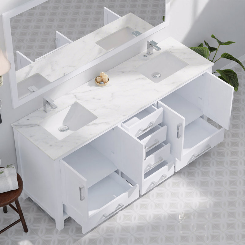 Meuble-lavabo double 72 po x P 22 po, comptoir en marbre de Carrare, Blanc, 72"