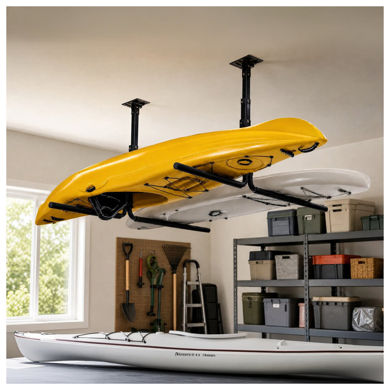 2 supports de rangement pour kayak de plafond, support de garage suspendu, support de rangement réglable pour plafond robuste, peut contenir 2 kayaks, canot, planche de surf et SUP