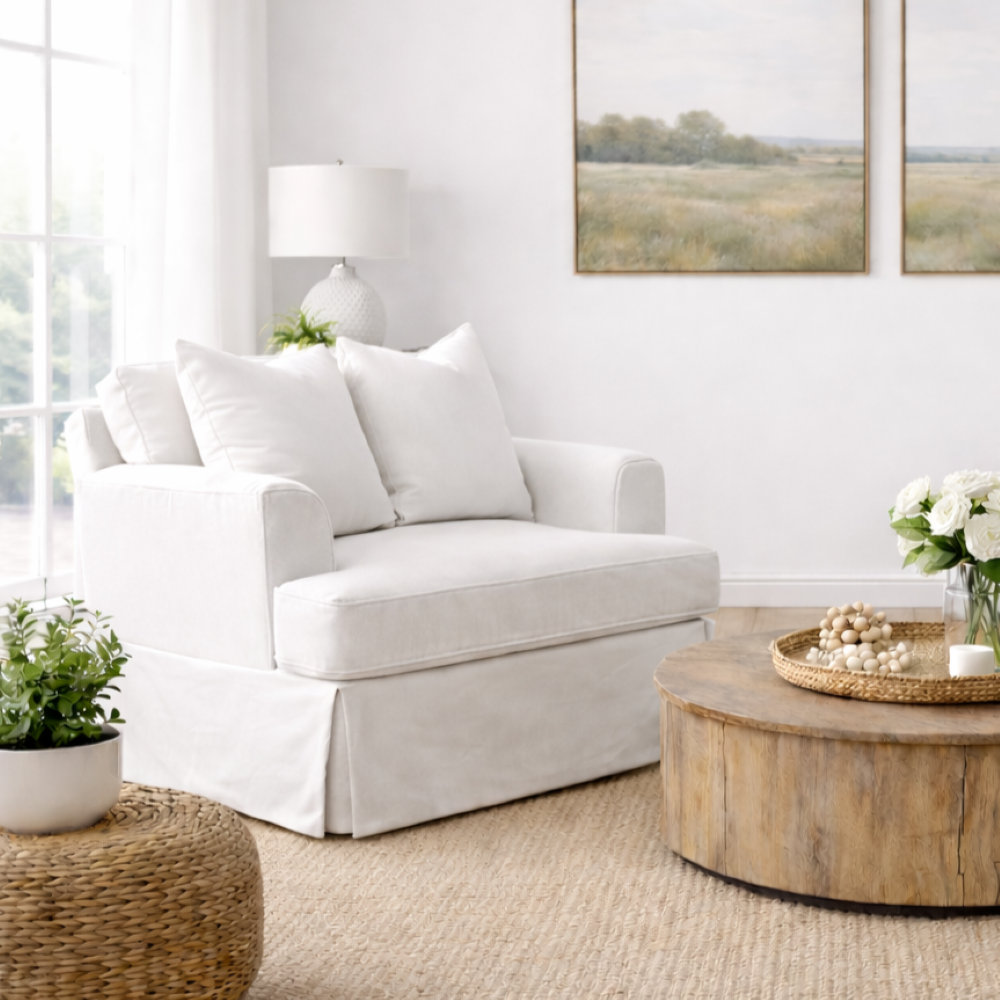 Lucia Slipcovered Armchair, Drusky Moonglow Sustain® Basketweave